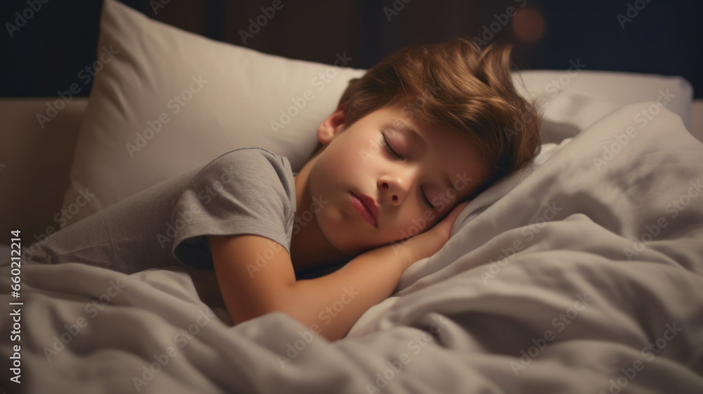 The boy sleeps in a bed with the lights dimmed. The boy sleeps in a bed with the lights dimmed.