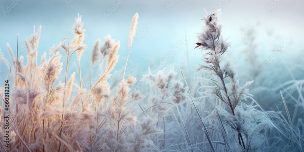 Snowflakes frost on grass with brown lupine, herbs and wheat field Snowflakes frost on grass with brown lupine, herbs and wheat field