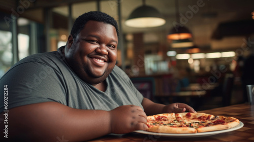 Fat happy man in restaurant or cafe with pizza