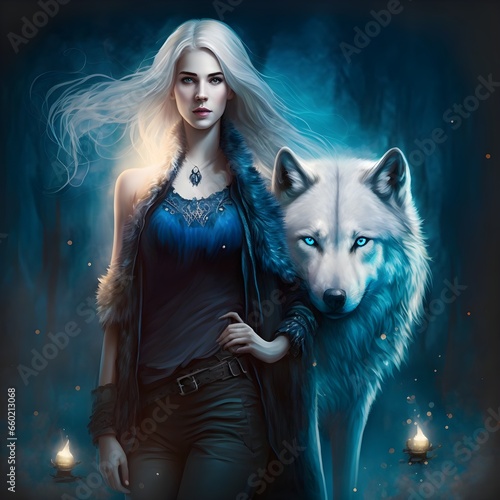 fantasy woman standing by wolf woman has platinum blond hair and pale skin wearing leather jacket realistic femme fatale magic mystical fantasy romance blue lighting fairy lights 