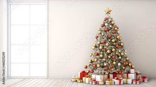 Big beautiful christmas tree decorated with beautiful shiny baubles and many different presents on wooden floor. White wall background with a lot of copy space for text 8K. © kashif 2158