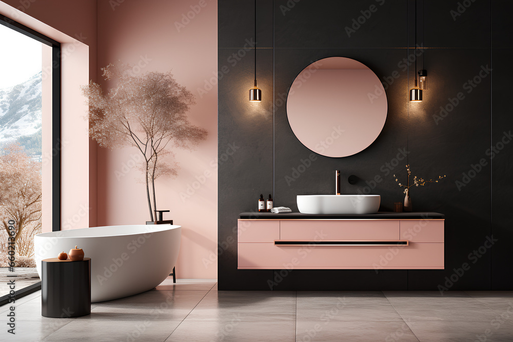 Fototapeta premium Modern minimalist bathroom interior, modern pink bathroom cabinet, white sink, wooden vanity, interior plants, bathroom accessories, black-white bathtub, panel wall, terrazzo flooring.3d rendering