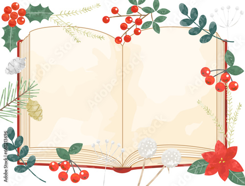 雪と植物と本を組み合わせた冬の読書をイメージしたイラスト