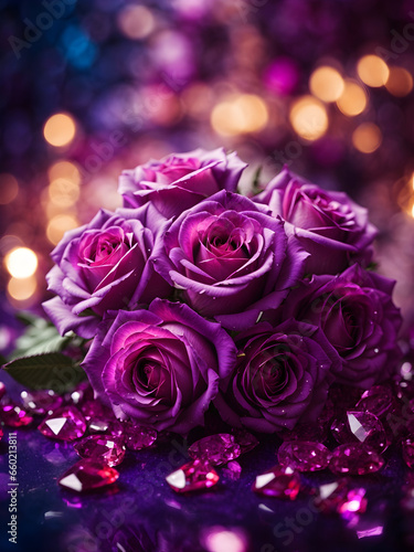 Purple roses bouquet on bokeh background. Wedding roses in bunch. Flowers for lover. Romantic floral.