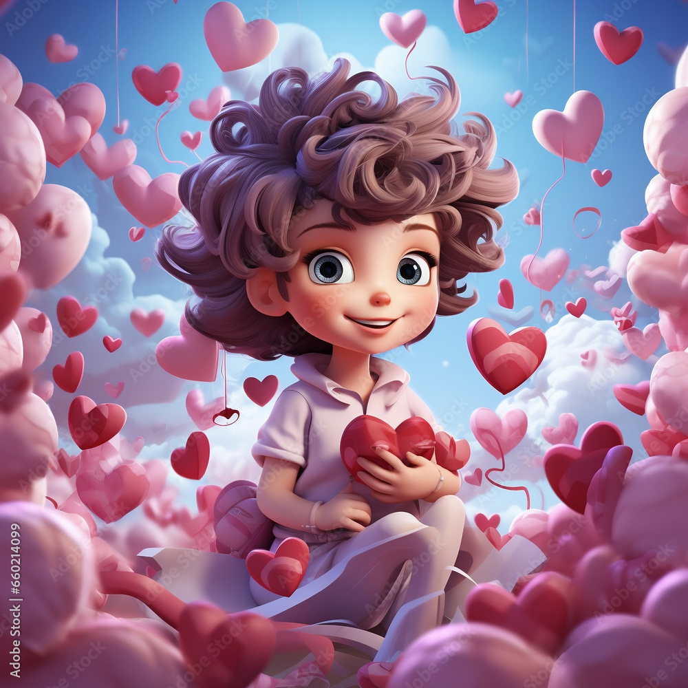 Whimsical 3D Valentine's Day Art, Cupid's Cascade of Colorful Hearts