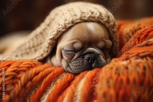 Pug Newborn: Peacefully Lying on Cozy Blanket - Adorable and Serene, generative AI