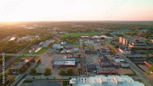 orbiting aerial at sunet revealing beautiful downtown Rockford Illinois from America. Cinematic panorama. photo