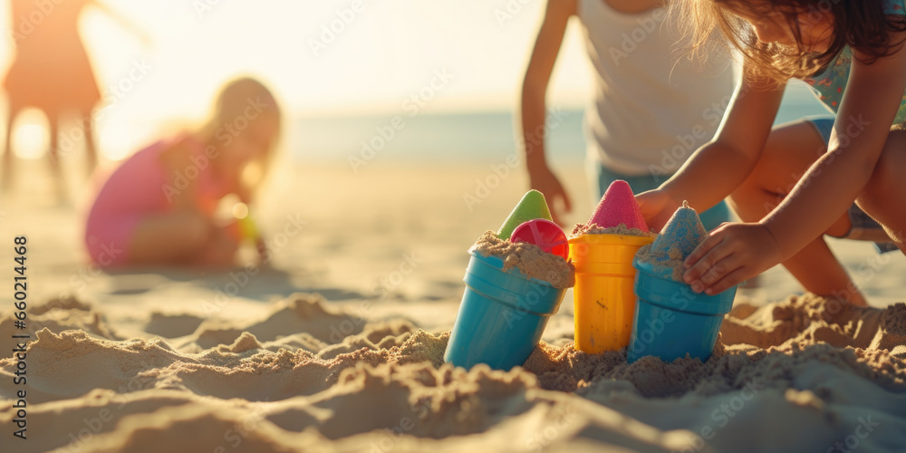 Kids playing at the beach in the sand and water, building sand castles, with short aperture focus — Children's portrait with sunshine and holiday vibes - obrazy, fototapety, plakaty 