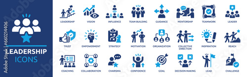Leadership icon set. Containing leader, vision, guidance, mentorship, coaching, influence, charisma, challenge, lead and more. Vector illustration. Solid icons collection.