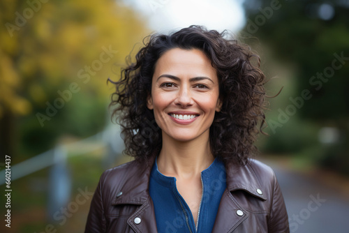 Middle aged Hispanic woman smiling, close up street portrait