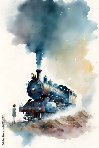 watercolor of a Pacific 231 steam locomotive child bedroom dreamlike child bedroom nostalgic memories surrealist 