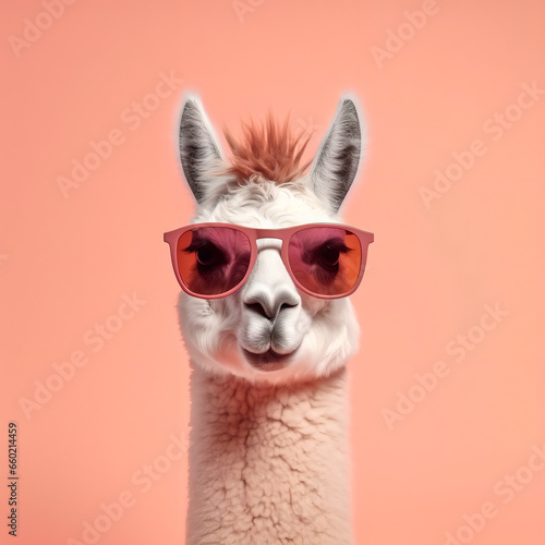 Cool llama in sunglasses on pastel background, surreal pop art