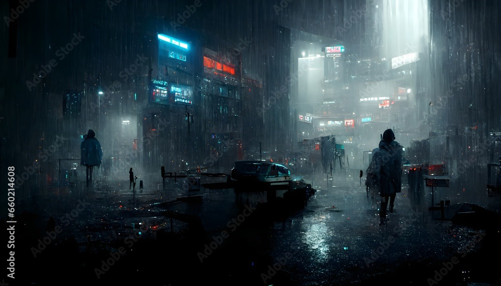 Somewhere out in the darkness its always raining at night its hunting me horror scifi cyberpunk HDR fine detailed cinematic lighting flickering light photorealistic concept art hyper realistic  - obrazy, fototapety, plakaty 