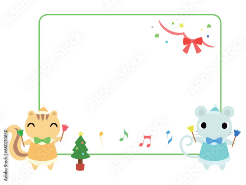 動物とクリスマスコンサートのフレーム　リスとネズミ