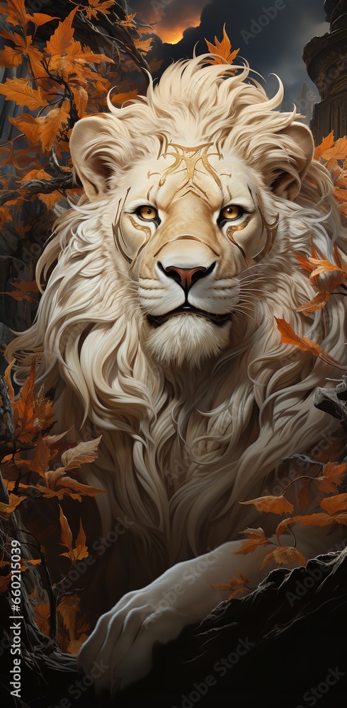 a white lion surrounded by orange leaves. The lion is majestic and powerful, with a piercing gaze and a full, flowing mane.