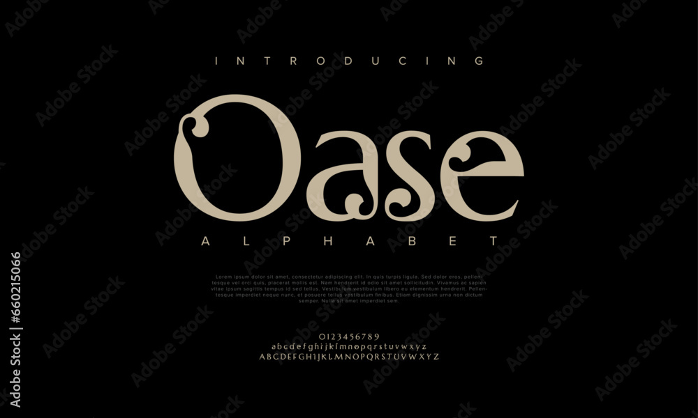 Oase premium luxury elegant alphabet letters and numbers. Elegant wedding typography classic serif font decorative vintage retro. Creative vector illustration Oase premium luxury elegant alphabet letters and numbers. Elegant wedding typography classic serif font decorative vintage retro. Creative vector illustration