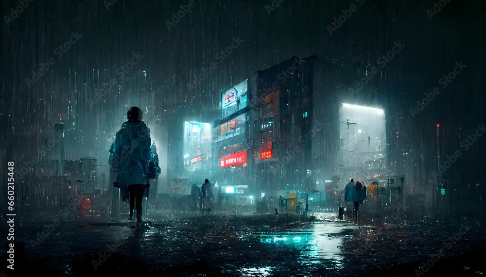 Somewhere out in the darkness its always raining at night its hunting me horror scifi cyberpunk HDR fine detailed cinematic lighting flickering light photorealistic concept art hyper realistic  - obrazy, fototapety, plakaty 