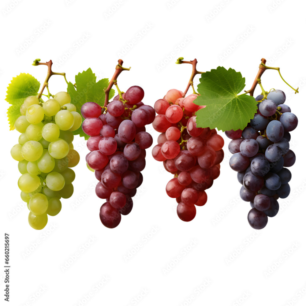 Fototapeta premium Wine grapes, table grapes. Fresh fruit. Miscellaneous, 32k resolution, best quality, clip art isolated on transparent background