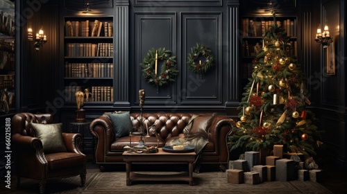 Christmas interior design in a traditional  dark aesthetic featuring a leather sofa and adorned Christmas tree 8K.