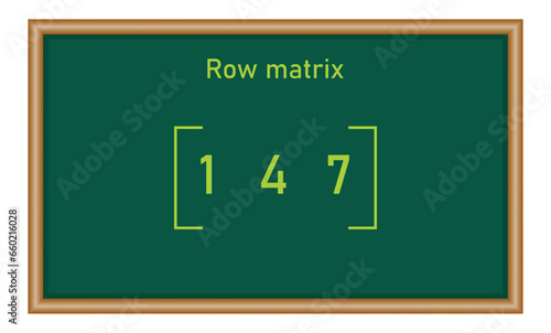 Row matrix. Types of matrices in mathematics. Vector illustration isolated on chalkboard.