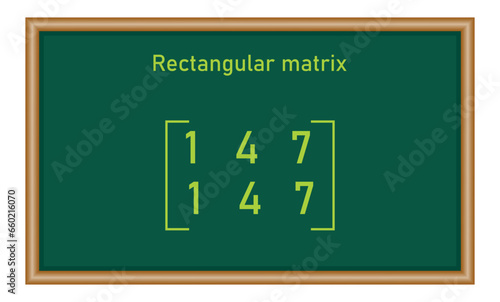 Rectangular matrix. Types of matrices in mathematics. Vector illustration isolated on chalkboard.