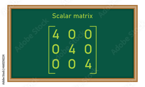 Scalar matrix. Types of matrices in mathematics. Vector illustration isolated on chalkboard.