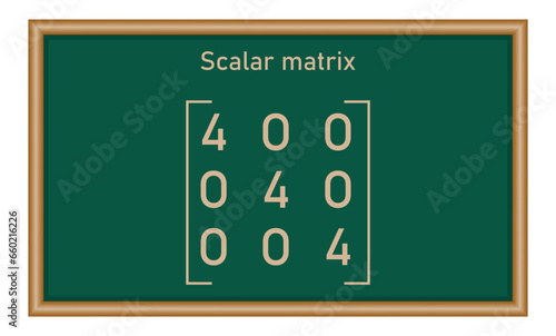 Scalar matrix. Types of matrices in mathematics. Vector illustration isolated on chalkboard.