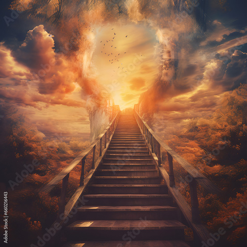 Surrealistic image of stairway to heaven, path to god, life