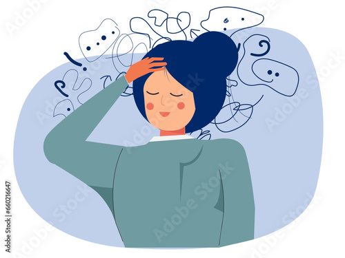 woman suffers from obsessive thoughts; headache; unresolved issues; psychological trauma; depression.Mental stress panic mind disorder illustration Flat vector illustration.
