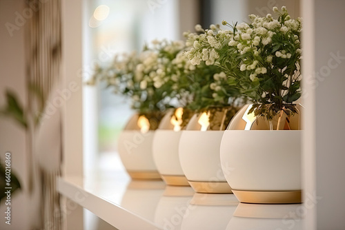 A row of elegant white vases filled with vibrant flowers