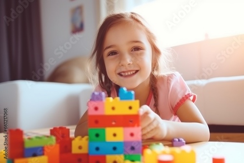 Photo of Little smiling girl at home play with colorful blocks day light.