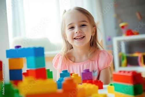Photo of Little smiling girl at home play with colorful blocks day light.