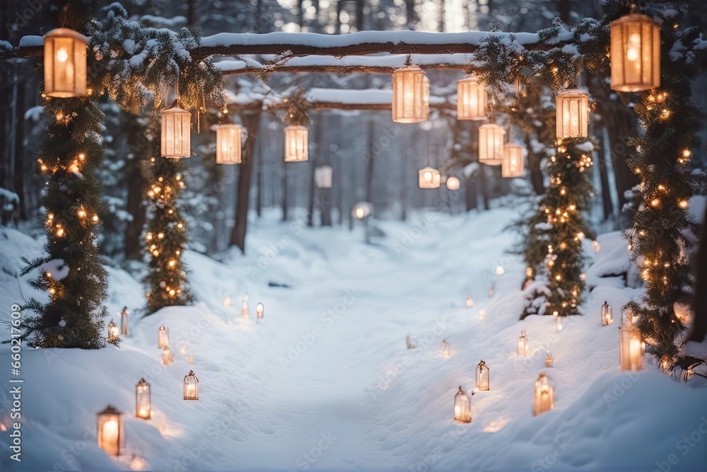 Fototapeta premium Christmas wedding backdrop photography background winter ceremony maternity shoot wedding overlay snow background forest wedding photo props