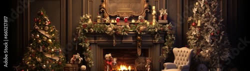 Christmas tree with toys and presents against a fire in the fireplace. enchanted room with Santa Claus' throne