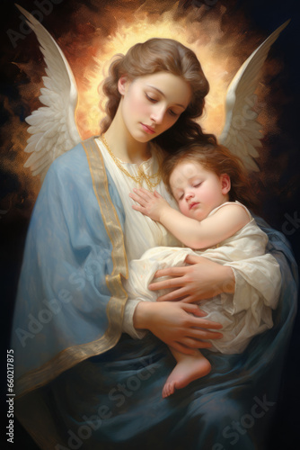 Religious Mother Mary Holding Baby Jesus Christ, Generative AI