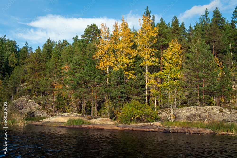 Lake Ladoga near the village Lumivaara on a sunny autumn day, Ladoga skerries, Lakhdenpokhya, Republic of Karelia, Russia Lake Ladoga near the village Lumivaara on a sunny autumn day, Ladoga skerries, Lakhdenpokhya, Republic of Karelia, Russia