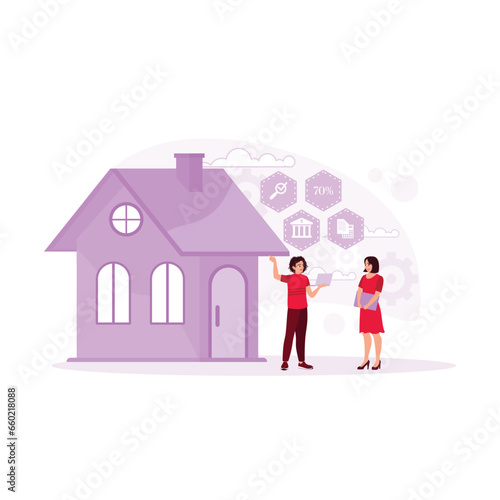 Real estate broker explains to client how to refinance residential mortgage. Mortgage process concept. Trend Modern vector flat illustration