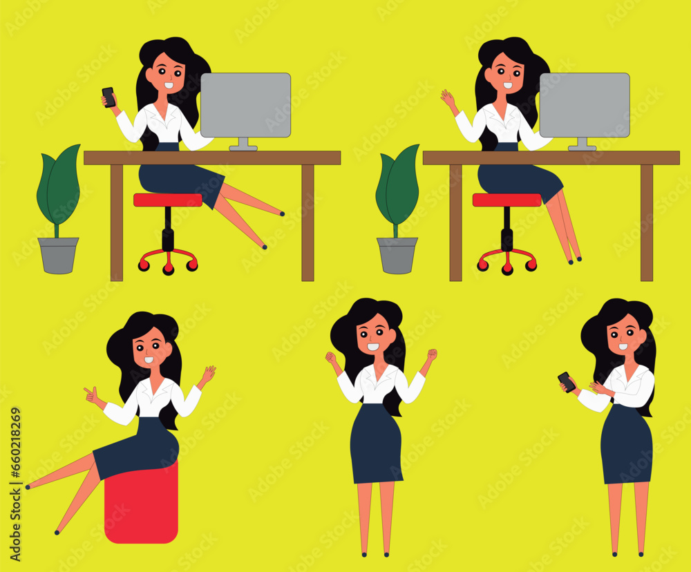 Set of Vectors Featuring an Elegant and Professional Woman, Black-Haired Secretary in Multiple Poses, Office Character Illustration for Business and Commercial Design, Modern Office Vector Set in Corp Set of Vectors Featuring an Elegant and Professional Woman, Black-Haired Secretary in Multiple Poses, Office Character Illustration for Business and Commercial Design, Modern Office Vector Set in Corp