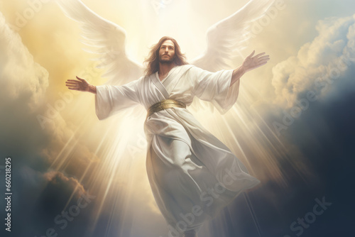 Jesus Christ with Wings Descending from the Clouds, Generative AI