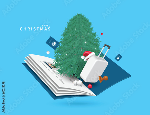 Christmas tree or pine tree, luggage bag, Santa Claus hat Place it in center of blue passport that is being opened or unfolded for designing travel advertising Christmas