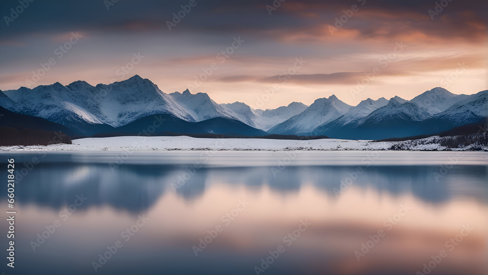 Beautiful winter landscape with lake and snowcapped mountains at sunset