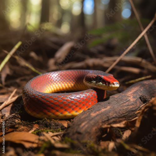 a redbelly snake on a forest floor.