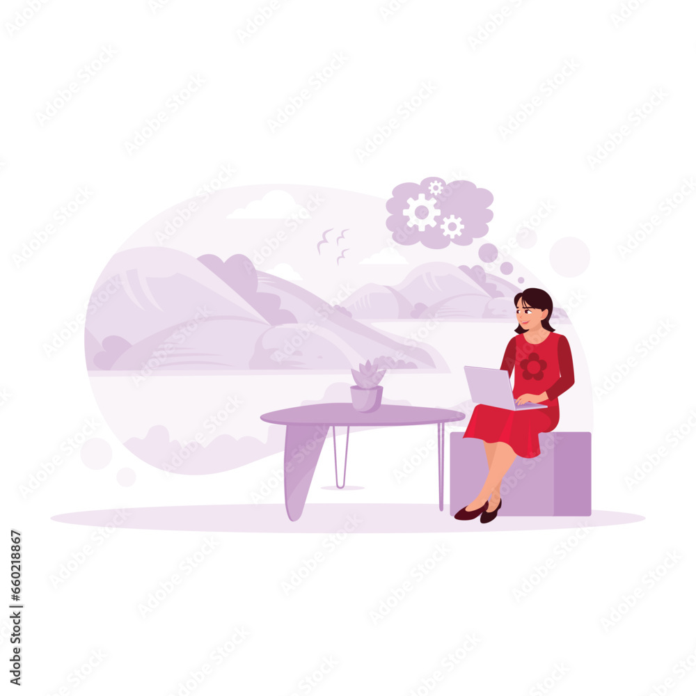 Architects develop house designs by working outside the home. Could Computing concept. Trend Modern vector flat illustration Architects develop house designs by working outside the home. Could Computing concept. Trend Modern vector flat illustration