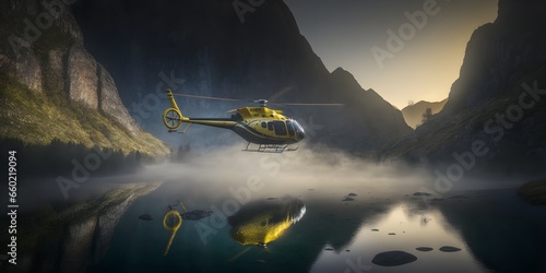 a yellow Eurocopter EC130 is hovering 20 meters above a remote mountain castle lake with steam amd mist rising blue hour hyper photorealism cinematic halation chiaroscuro orton effect volumetric  photo