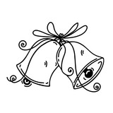 Jingle bells vector icon. A pair of ringing toys tied with a bow. Symbol of Christmas, New Year, seasonal holidays. Cute festive decoration. Hand drawn doodle isolated on white. For print, cards, web