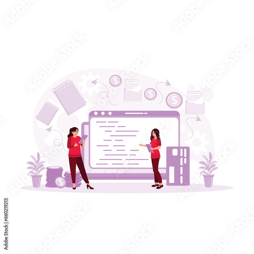 Two businesswomen take notes in a book or message and make online payments using credit cards. Internet Banking concept. Trend Modern vector flat illustration