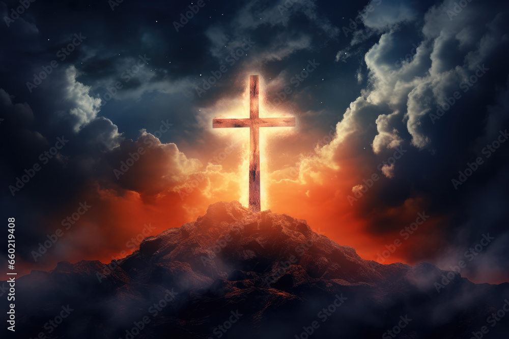Cross Illuminated in Dark Sky with Clouds, God, Religion, Generative AI