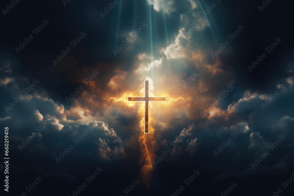 Cross Illuminated in Dark Sky with Clouds, God, Religion, Generative AI - obrazy, fototapety, plakaty 