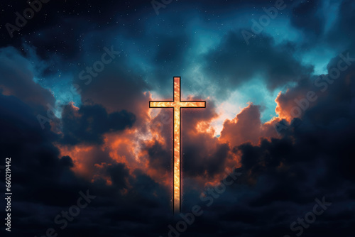 Cross Illuminated in Dark Sky with Clouds, God, Religion, Generative AI