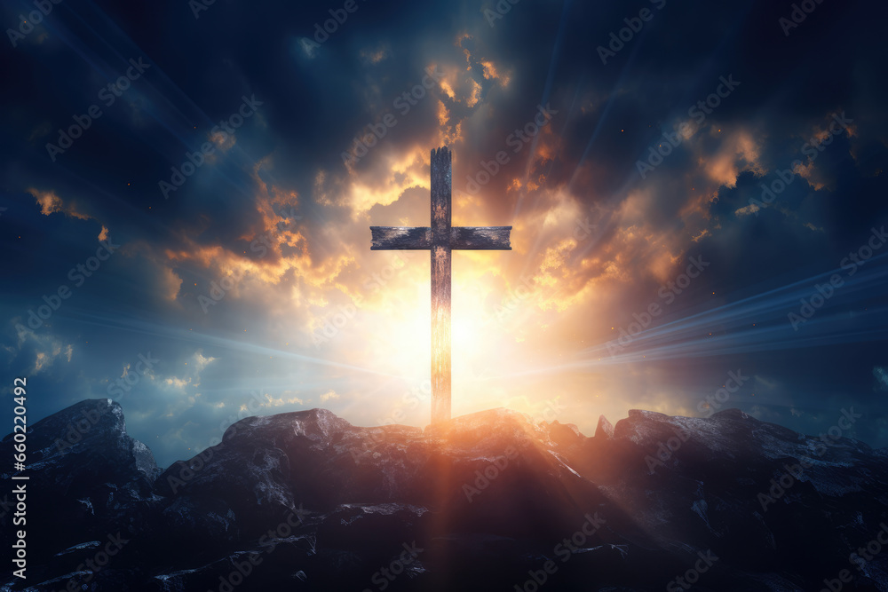 Naklejka premium Cross Illuminated in Dark Sky with Clouds, God, Religion, Generative AI
